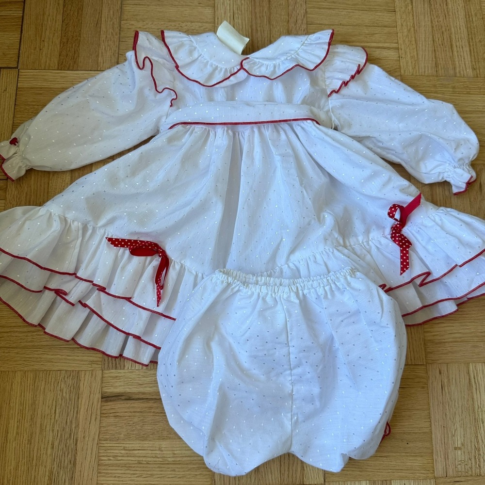 Vintage‎ Gavette White Swiss Dot Red Trim Ruffle Dress Bloomer Set 24 M CANADA